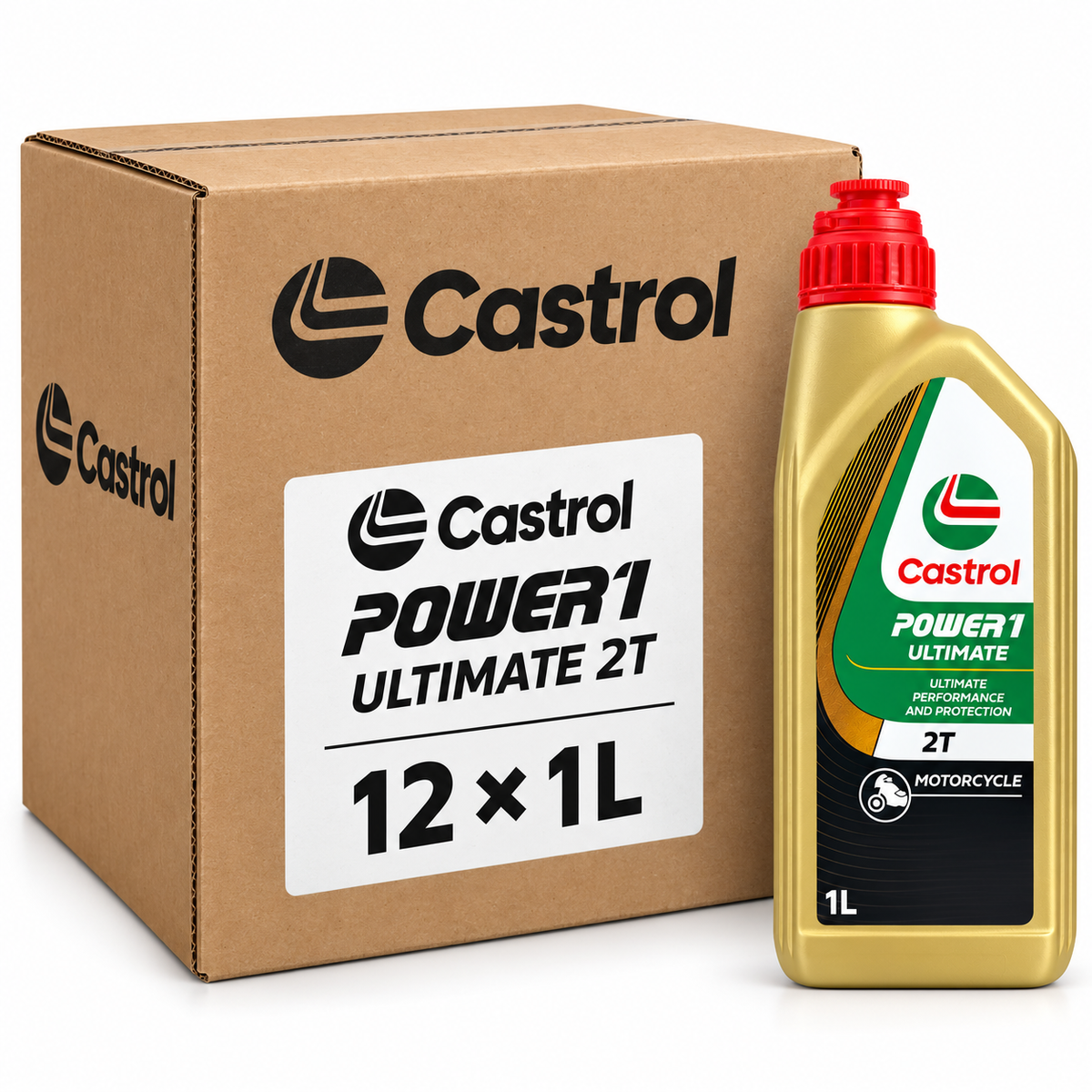 Illustratie Castrol POWER1 Ultimate 2T voordeeldoos 12 x 1 liter met fles