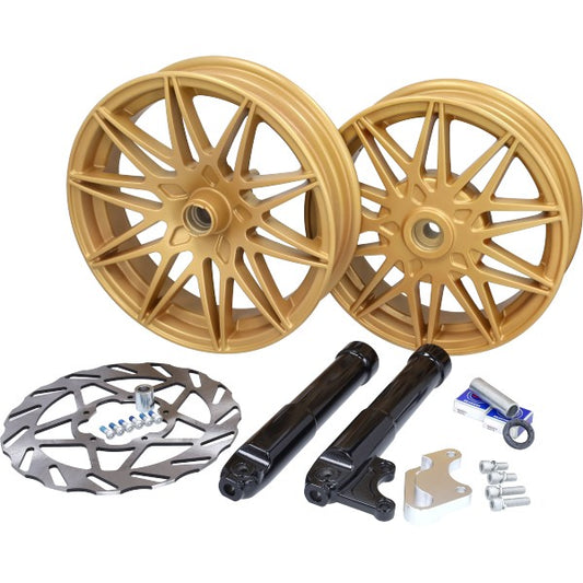 Wielset Fast Arrow Pro 11 en 12 Inch Wiel + Oversized Remschijfset Goud Piaggio, Zip 2T, Zip 4T, ZIP2000