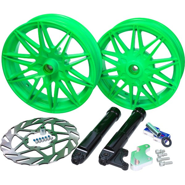 Wielset Fast Arrow Pro 11 en 12 Inch Wiel + Oversized Remschijfset Groen Piaggio, Zip 2T, Zip 4T, ZIP2000