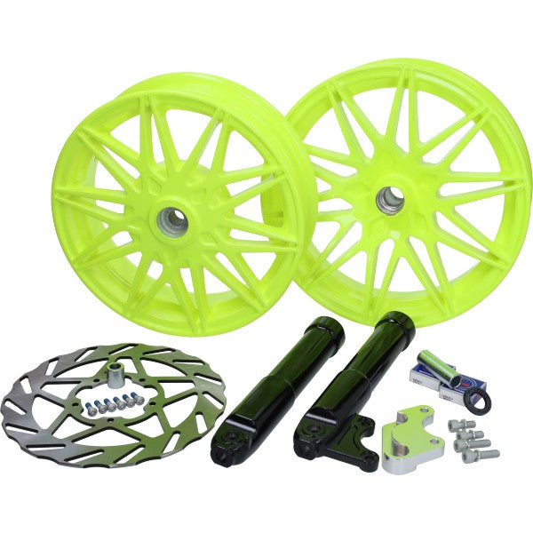 Wielset Fast Arrow Pro 11 en 12 Inch Wiel + Oversized Remschijfset Geel Fluor Piaggio, Zip 2T, Zip 4T, ZIP2000