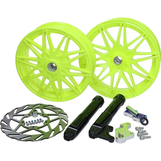 Wielset Fast Arrow Pro 11 en 12 Inch Wiel + Oversized Remschijfset Geel Fluor Piaggio, Zip 2T, Zip 4T, ZIP2000