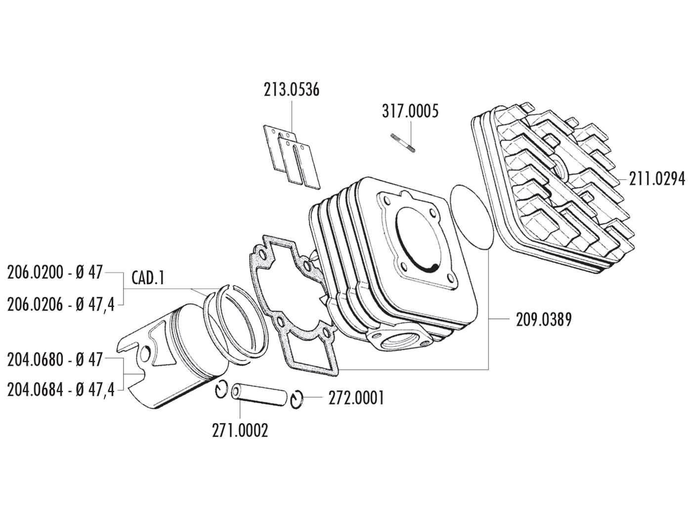 Cilinderkit Piaggio/ Vespa AC 70cc 47mm Polini 140.0181