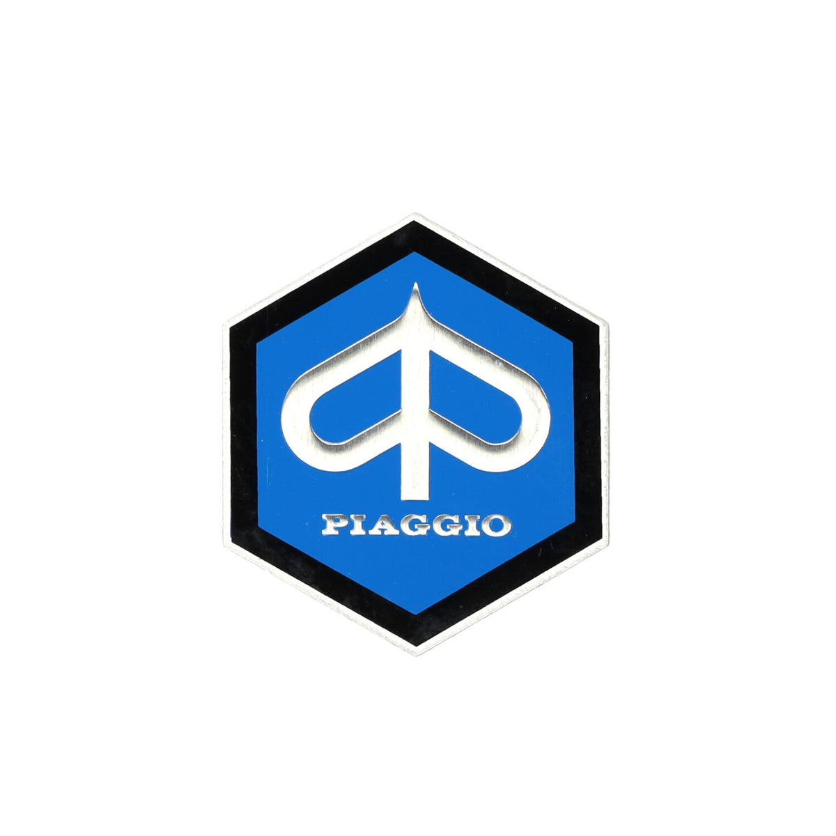 Piaggio embleem 42 mm zelfklevend – metaal zeskant blauw/zwart