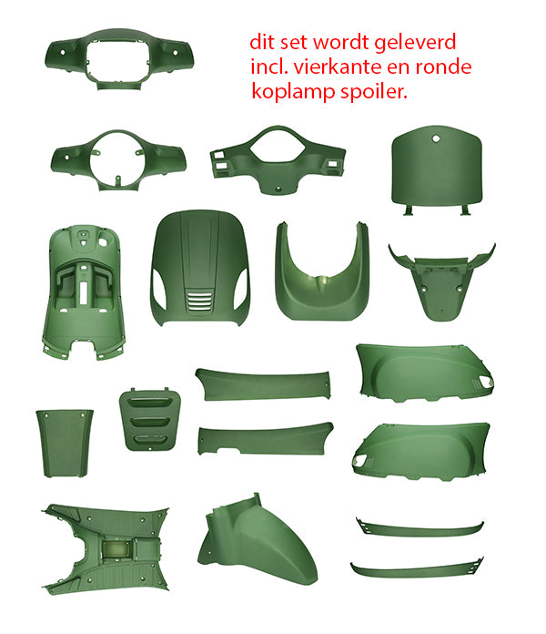 plaatwerkset (ronde+vierkante koplamp) groen leger mat 18-delig agm VX50s, china lx/napoli, riva, vx50