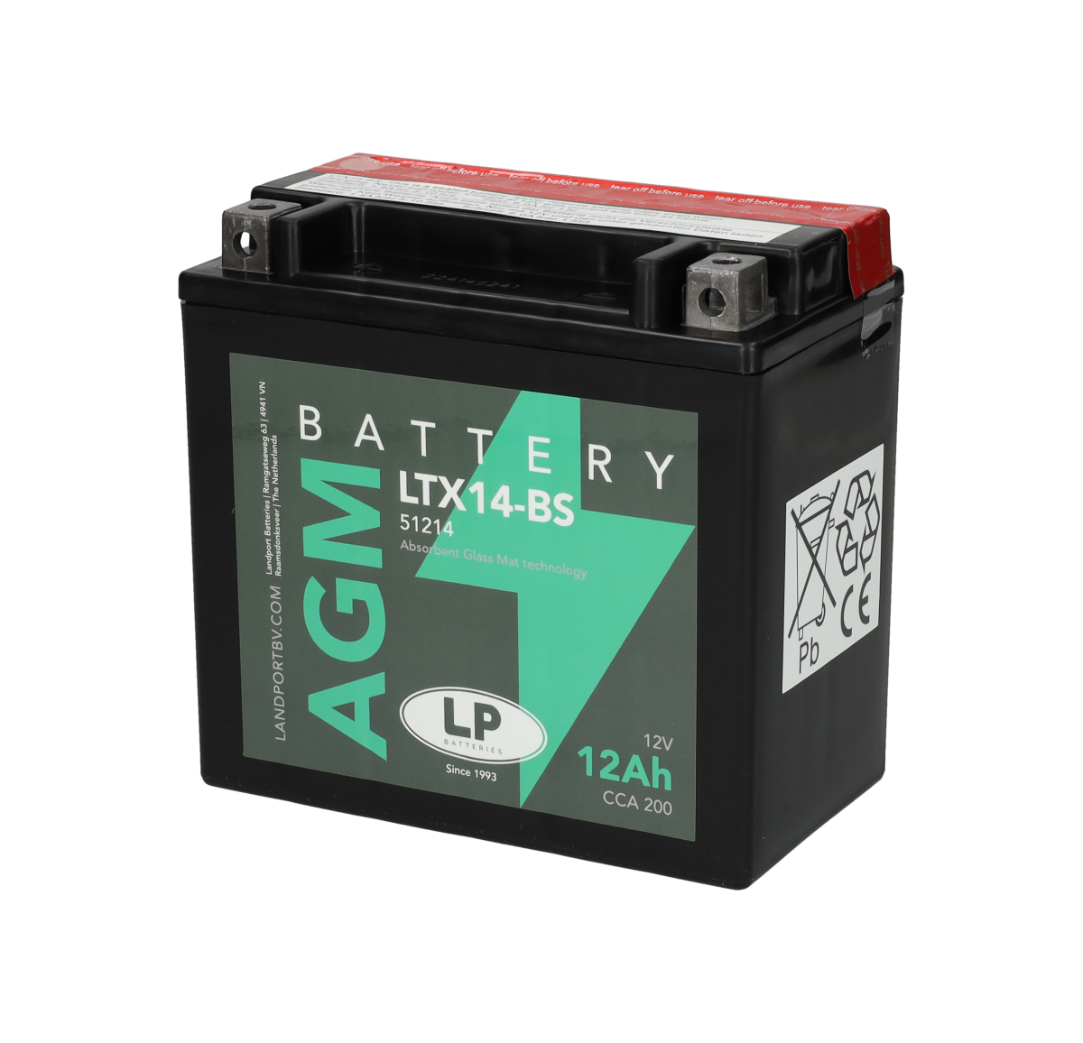 Accu Landport AGM YTX14-BS / LTX14-BS / 51214 accu (12V, 12Ah, 200A) – Vespa GTS / Piaggio MP3 / Beverly / BMW R1200 GS