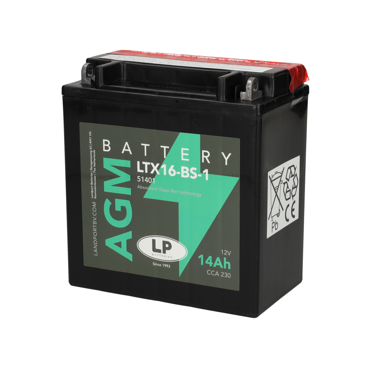 Accu Landport AGM 51401 / YTX16-BS-1 / LTX16-BS-1 accu (12V, 14Ah, 230A)