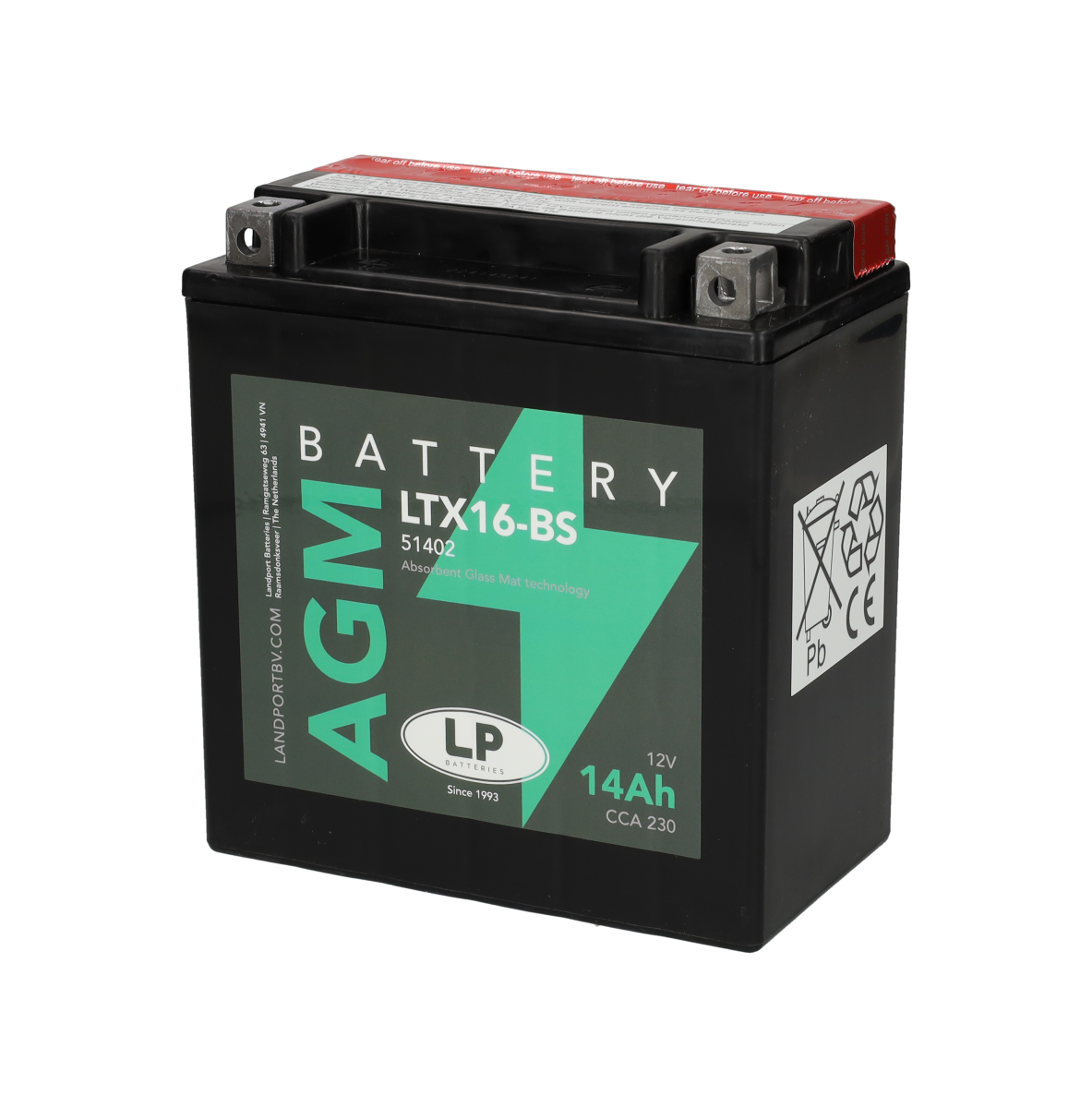 Accu Landport AGM YTX16-BS / YTX16-4 / LTX16-BS accu (12V, 14Ah, 230A)