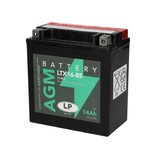 Accu Landport AGM YTX16-BS / YTX16-4 / LTX16-BS accu (12V, 14Ah, 230A)